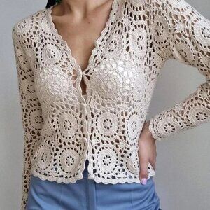 y2k beige crochet Boho chic cardigan top
